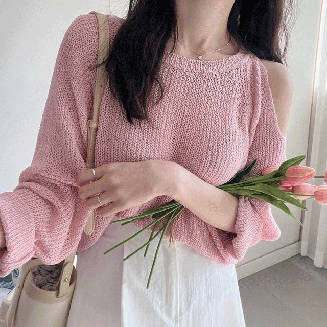 엣지 한쪽 어깨 트임 니트 여름 루즈핏 핑크 부클 시스루 라운드넥 데이트 벚꽃 썸머 국내산